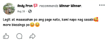 Facebook comment from a Winner Winner community member