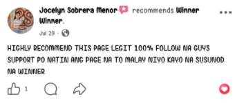 Facebook comment from a Winner Winner community member