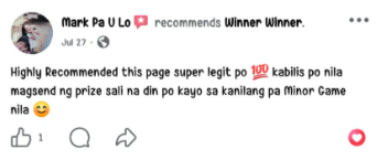 Facebook comment from a Winner Winner community member