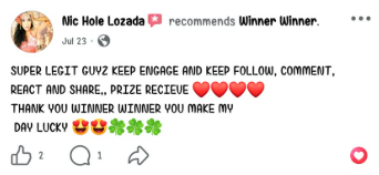 Facebook comment from a Winner Winner community member