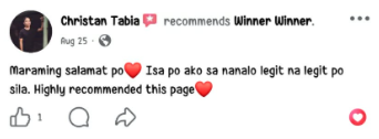 Facebook comment from a Winner Winner community member