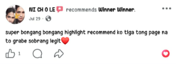 Facebook comment from a Winner Winner community member