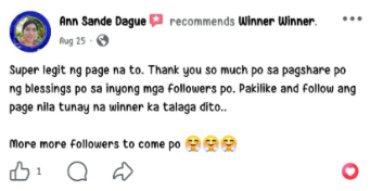 Facebook comment from a Winner Winner community member
