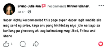 Facebook comment from a Winner Winner community member